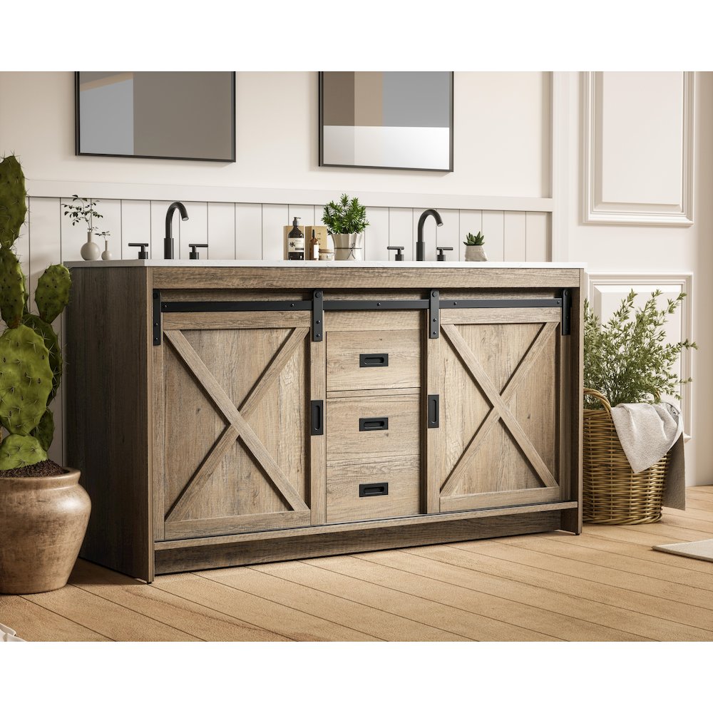 Austin 60 Inch Double Bathroom Vanity In Natural Oak. Picture 3