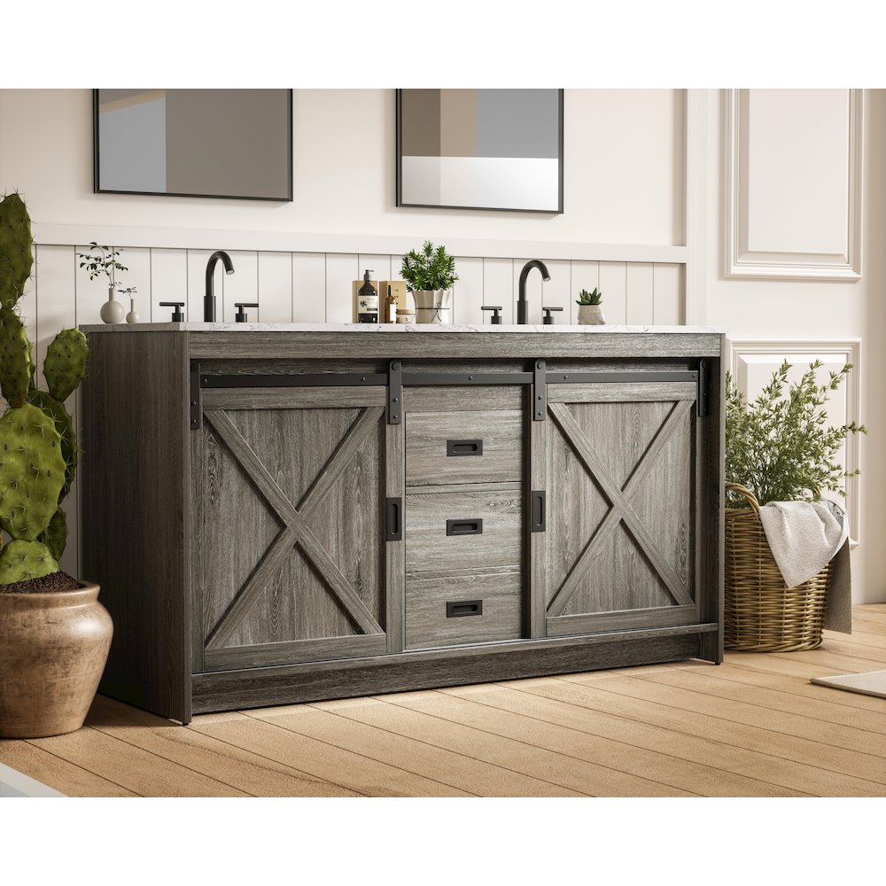 Austin 60 Inch Double Bathroom Vanity In Rustic Grey. Picture 3