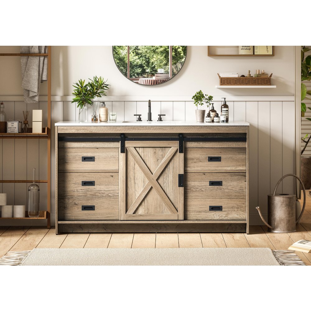 Austin 60 Inch Single Bathroom Vanity In Natural Oak. Picture 2