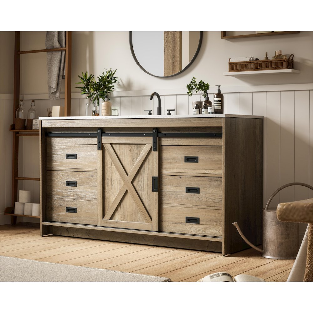 Austin 60 Inch Single Bathroom Vanity In Natural Oak. Picture 3