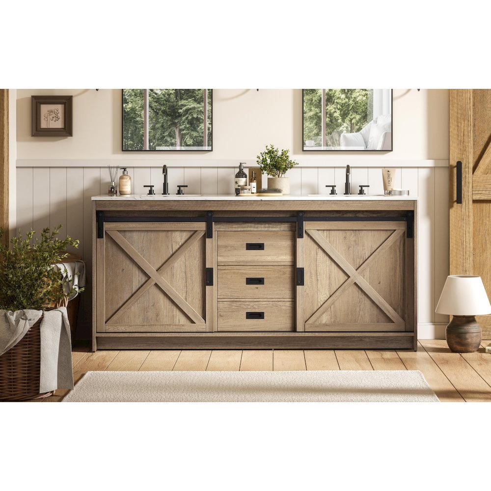 Austin 72 Inch Double Bathroom Vanity In Natural Oak. Picture 2