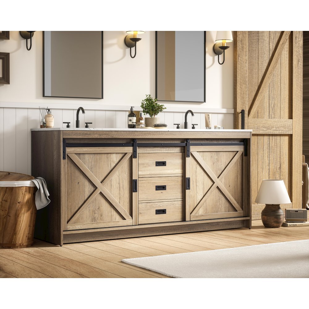 Austin 72 Inch Double Bathroom Vanity In Natural Oak. Picture 3