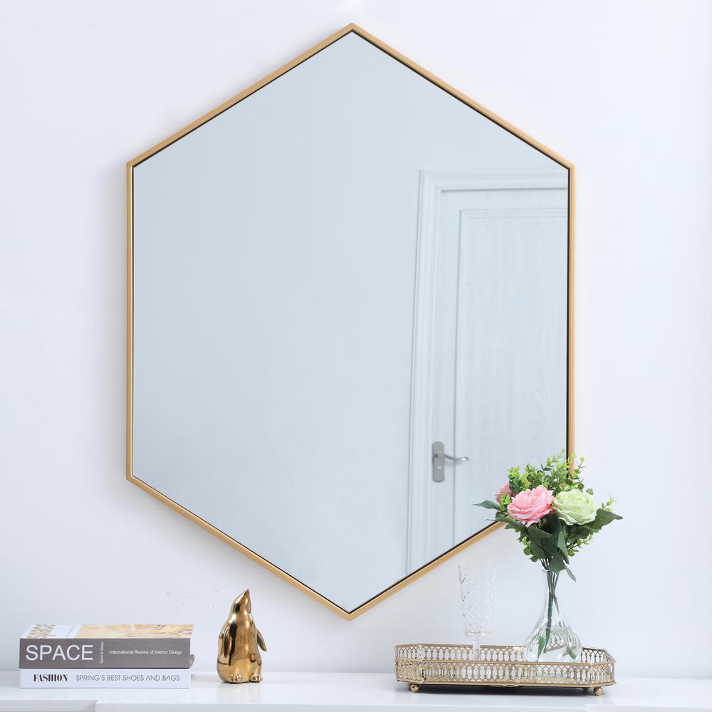 Metal frame hexagon mirror 30 inch in Brass. Picture 12