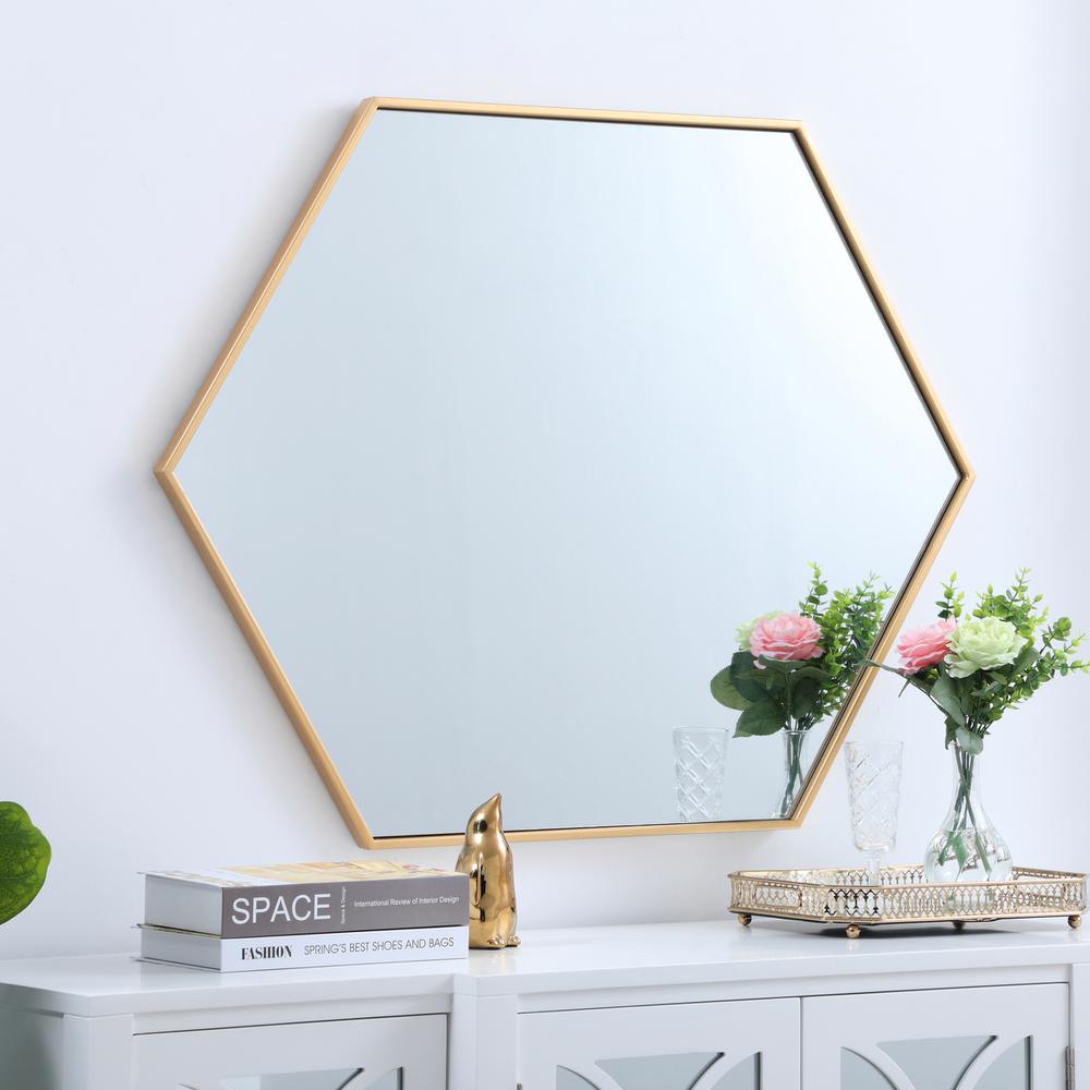 Metal frame hexagon mirror 30 inch in Brass. Picture 7