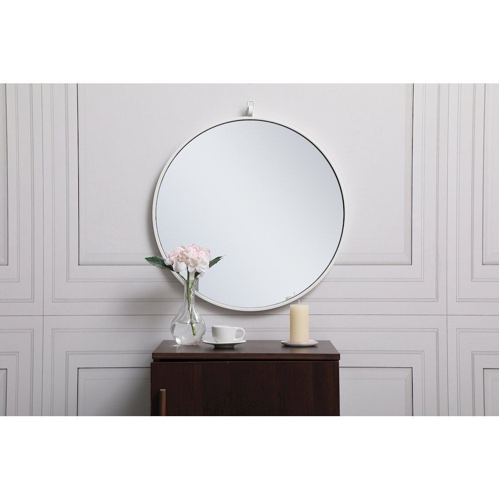 Metal Frame Round Mirror With Decorative Hook 21 Inch In White. Picture 2