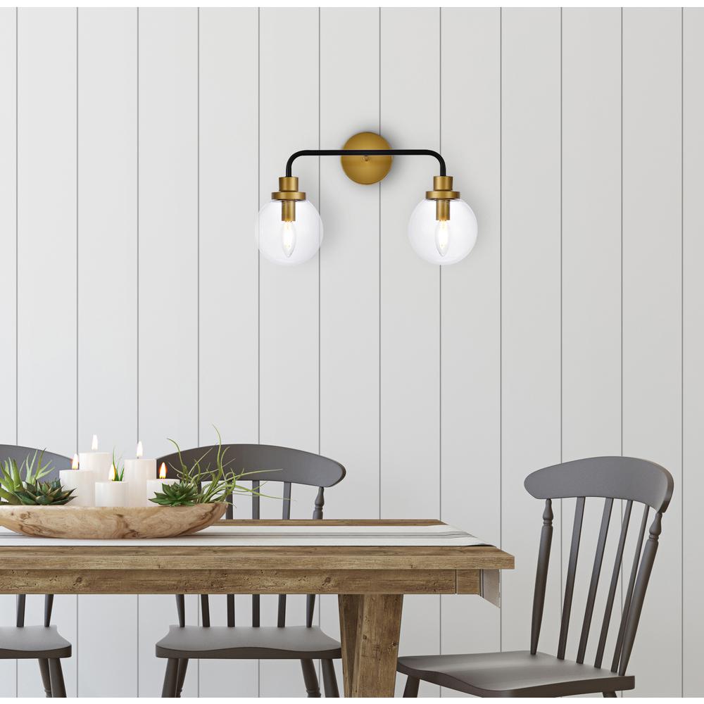 Hanson 2 lights bath sconce in black with brass with clear shade. Picture 7