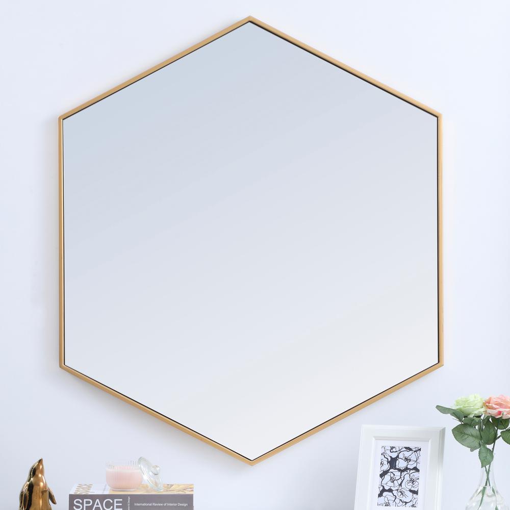 Metal frame hexagon mirror 41 inch in Brass. Picture 13