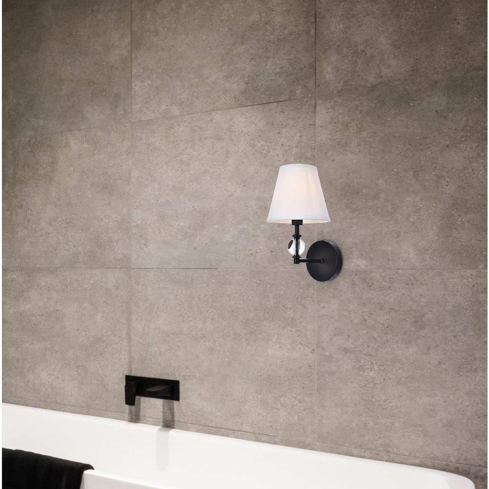 Bethany 1 light bath sconce in black with white fabric shade. Picture 7