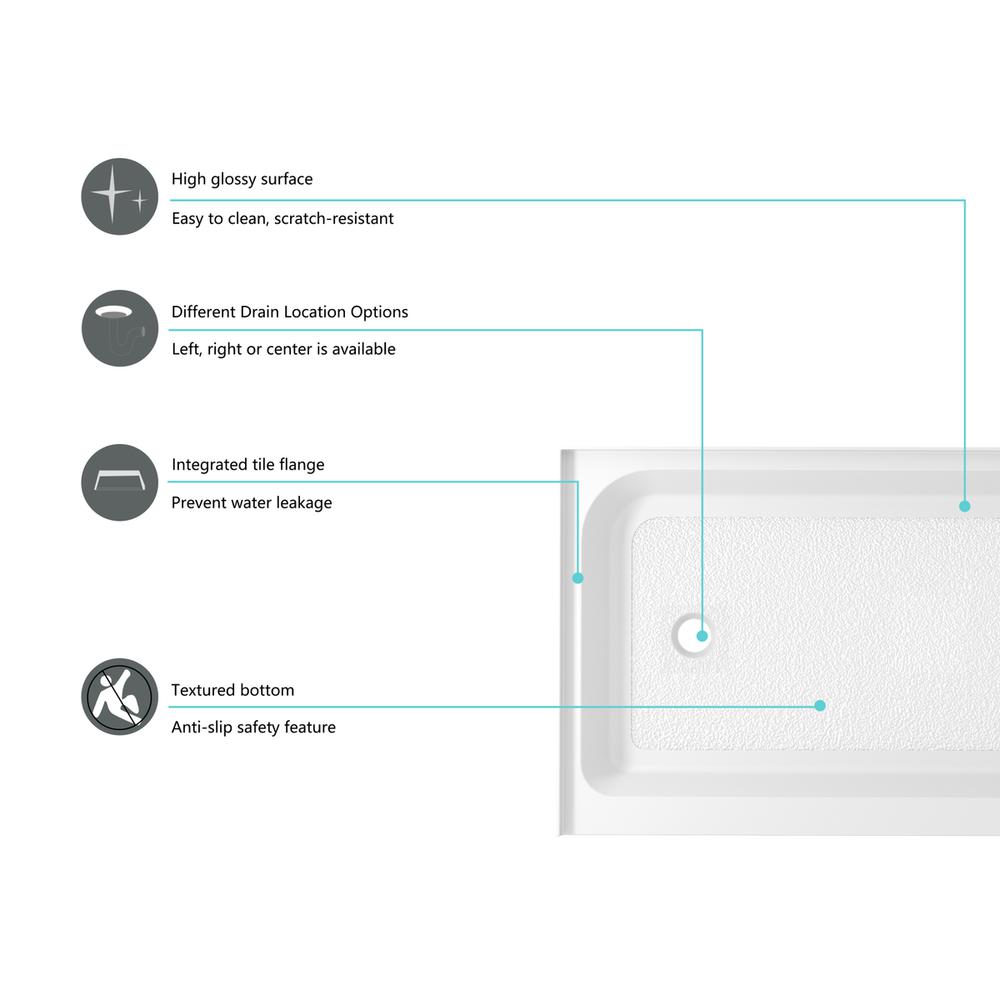 60x36 inch Single threshold shower tray left drain in glossy white. Picture 6