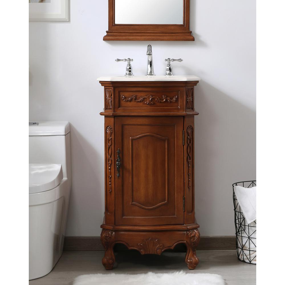 19 inch Single Bathroom vanity in teak with ivory white engineered marble. Picture 12