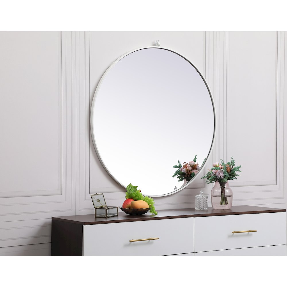 Metal Frame Round Mirror With Decorative Hook 39 Inch In White. Picture 3