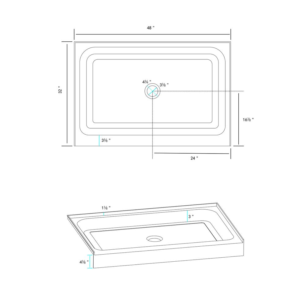 48x32 inch Single threshold shower tray center drain in glossy white. Picture 7