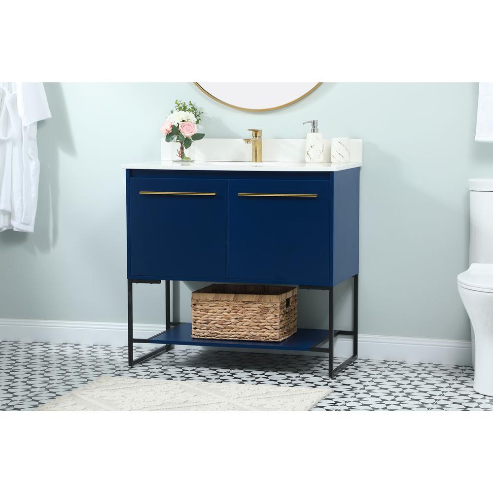 36 inch Single bathroom vanity in blue with backsplash. Picture 2