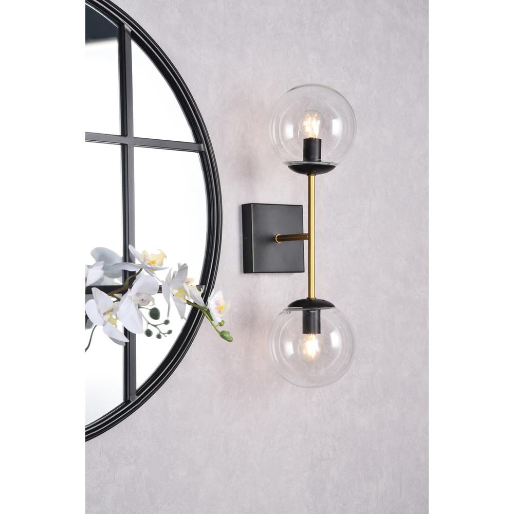 Neri 2 lights black and brass and clear glass wall sconce. Picture 7