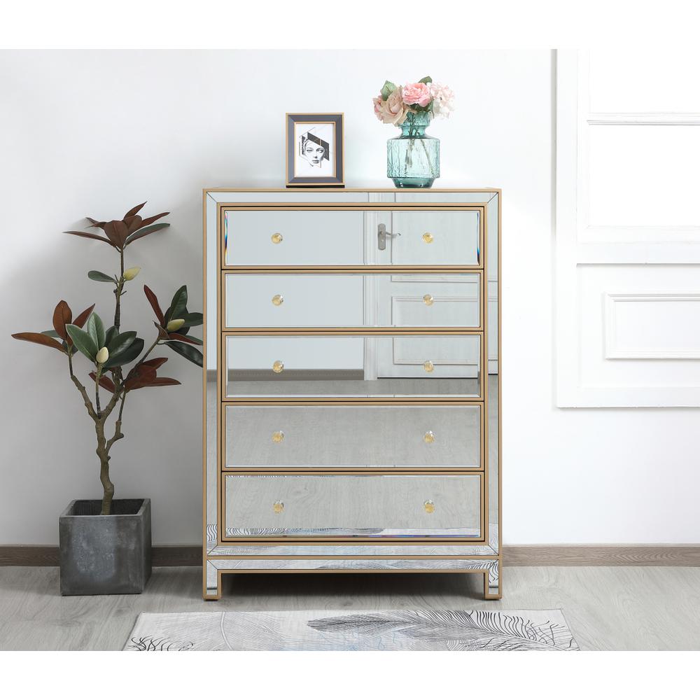 34 inch mirrored five drawer cabinet in gold. Picture 11