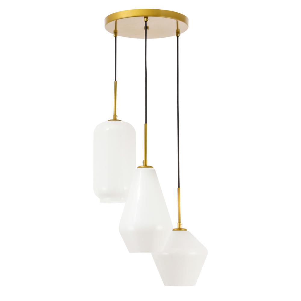 Gene 3 light Brass and Frosted white glass pendant. Picture 8