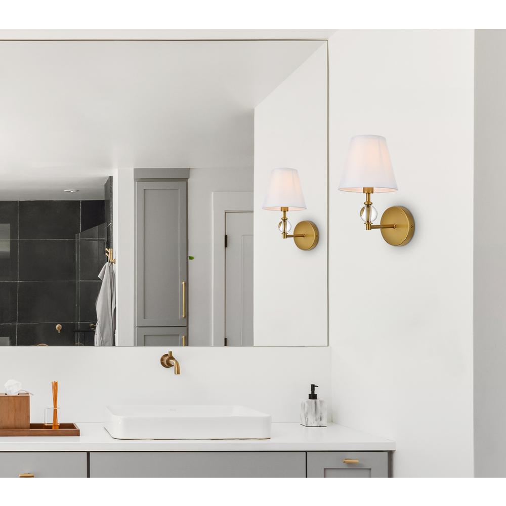 Bethany 1 light bath sconce in brass with white fabric shade. Picture 7