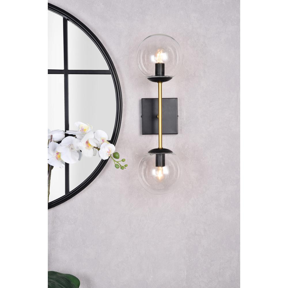 Neri 2 lights black and brass and clear glass wall sconce. Picture 9