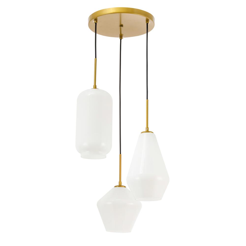 Gene 3 light Brass and Frosted white glass pendant. Picture 6