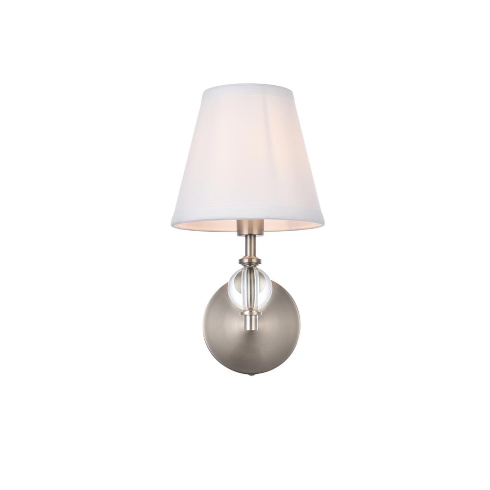 Bethany 1 light bath sconce in satin nickel with white fabric shade. Picture 1