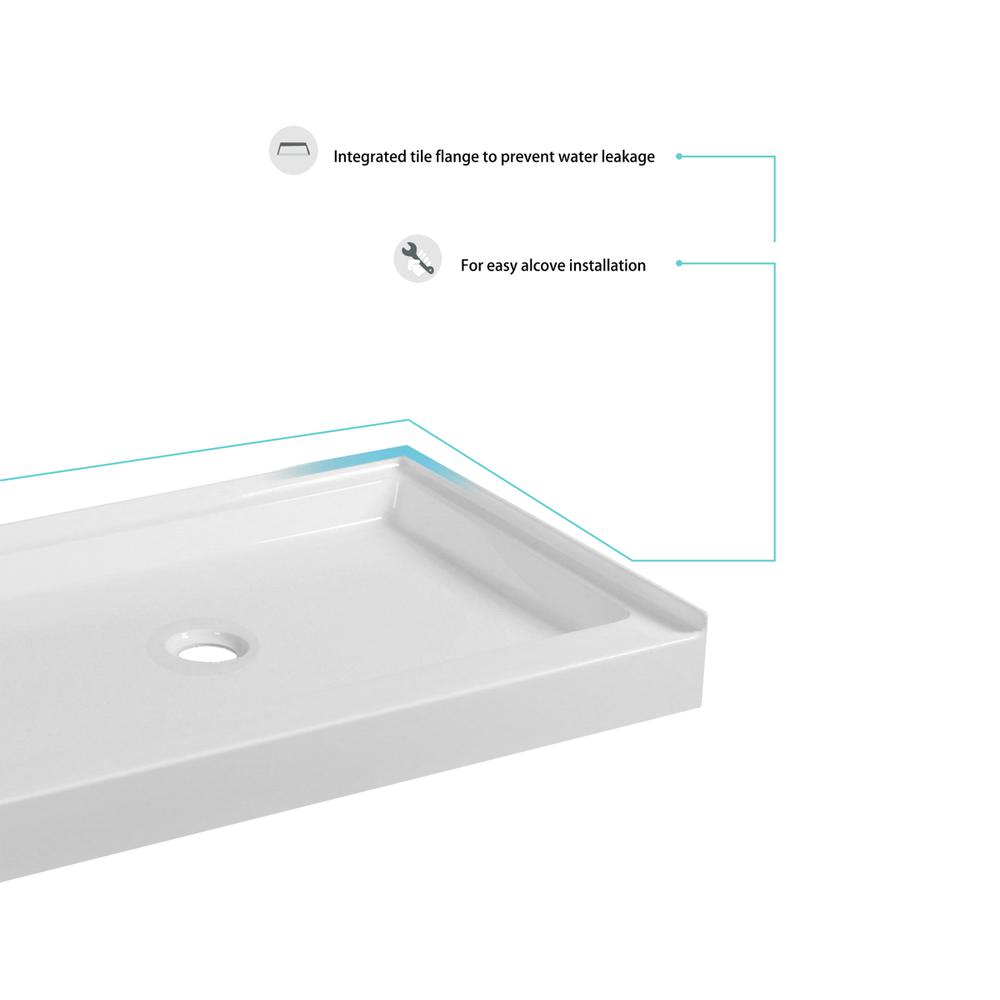 60x30 inch Single threshold shower tray center drain in glossy white. Picture 4