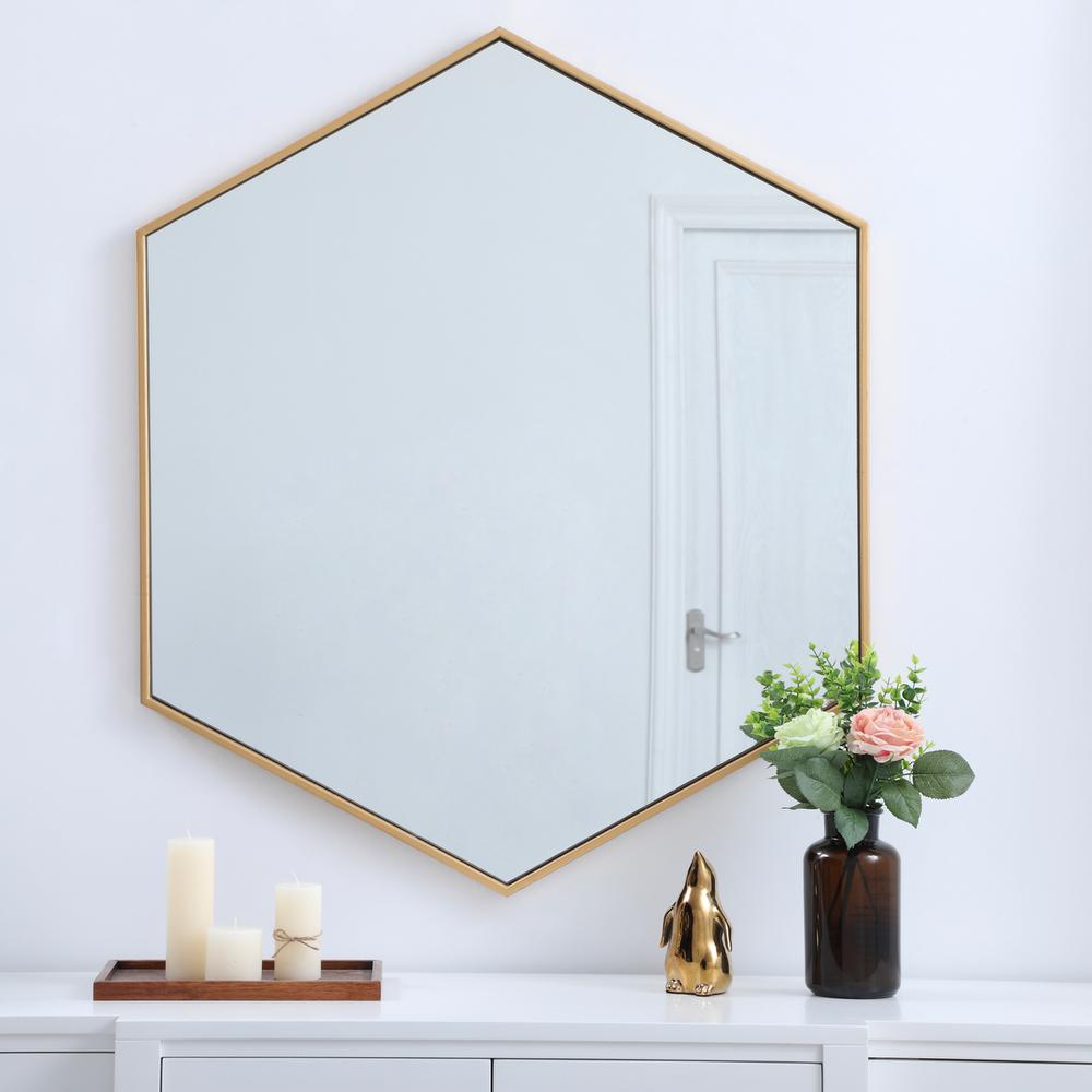 Metal frame hexagon mirror 38 inch in Brass. Picture 12