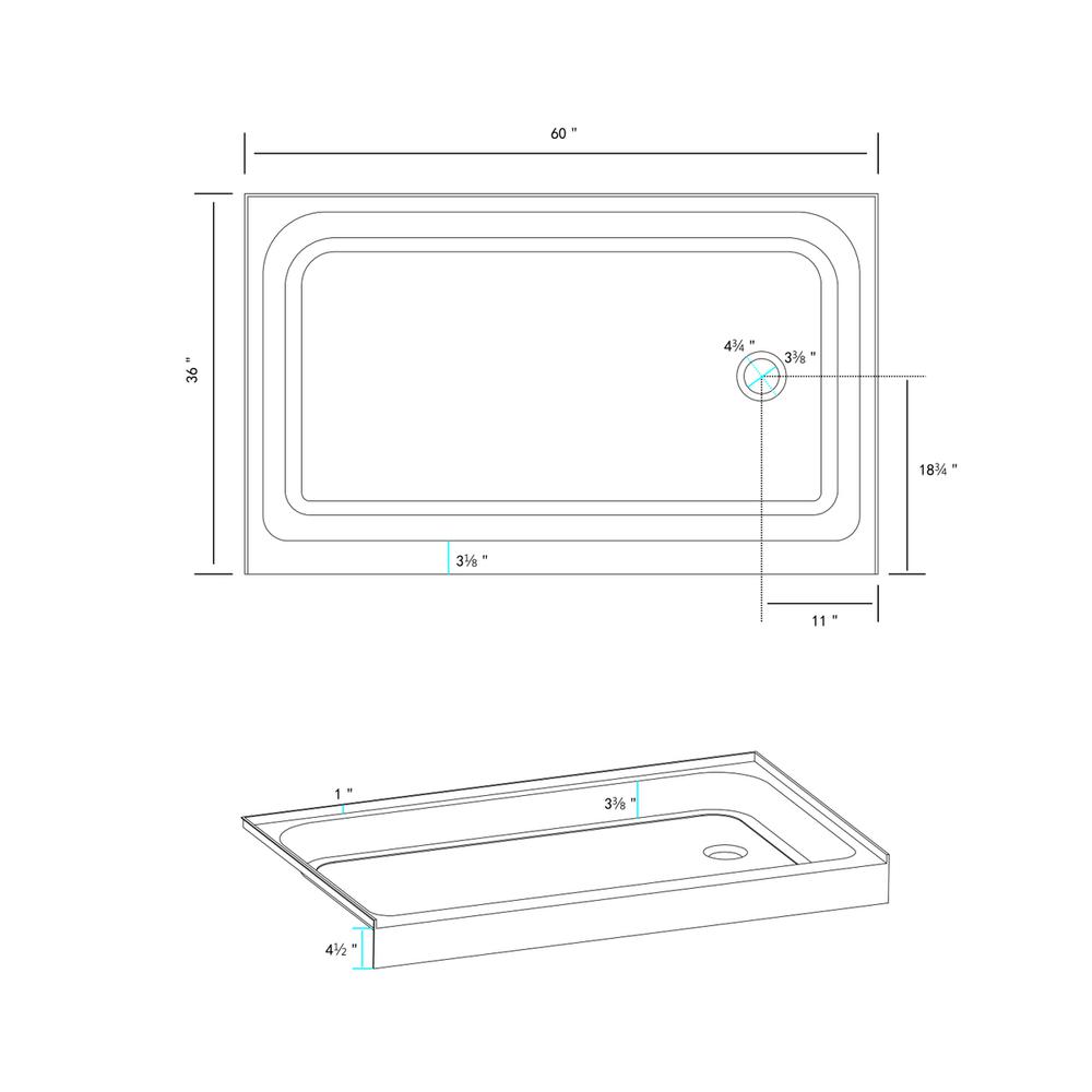 60x36 inch Single threshold shower tray right drain in glossy white. Picture 8