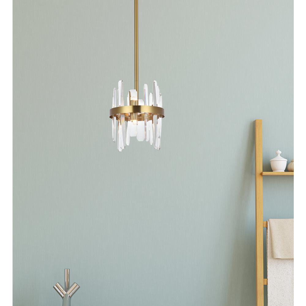 Serena 10 inch crystal round pendant in satin gold. Picture 8