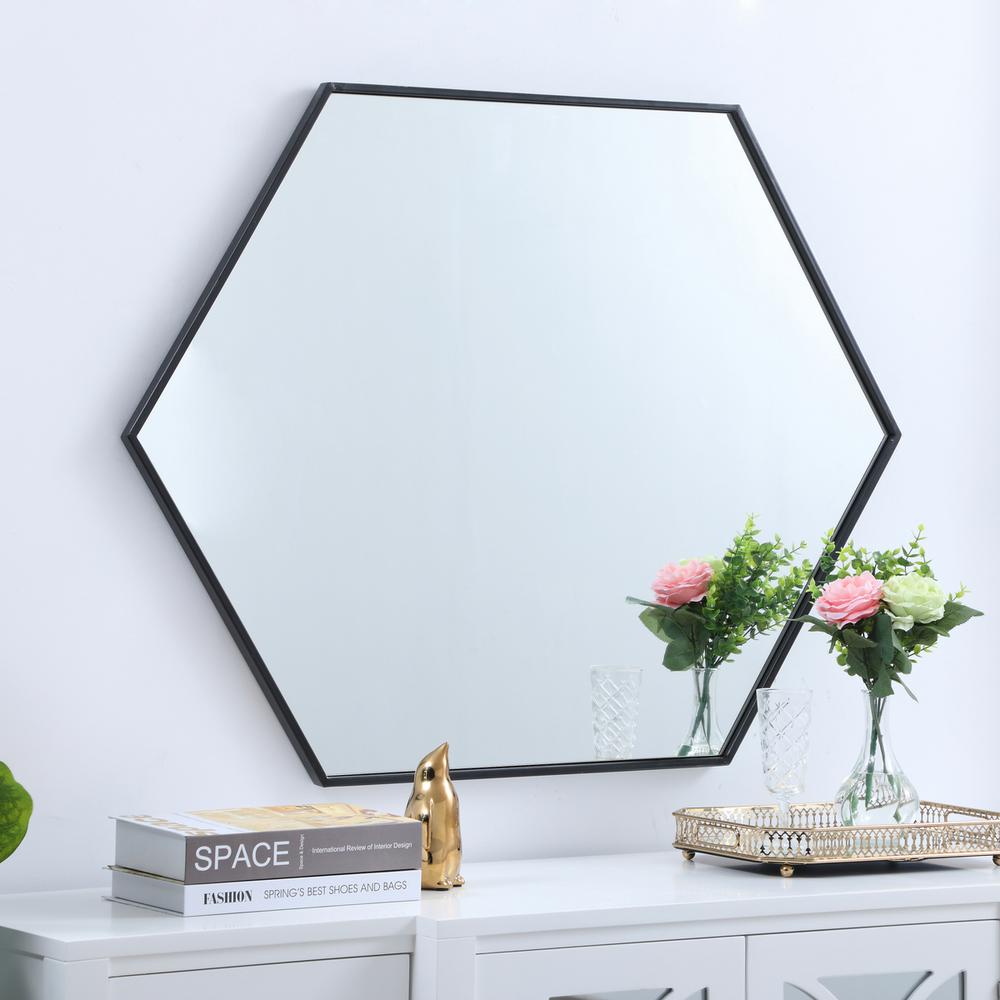 Metal frame hexagon mirror 30 inch in Black. Picture 7