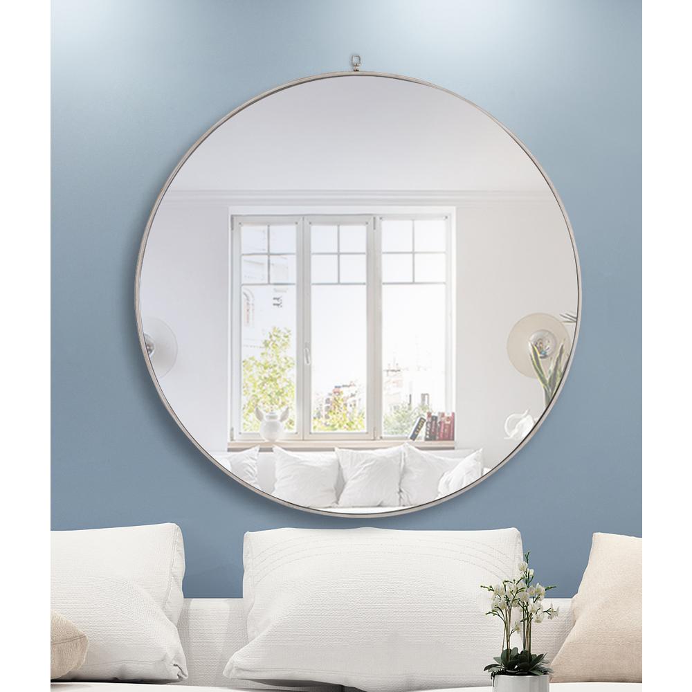 Metal frame Round Mirror with decorative hook 48 inch Silver finish. Picture 10