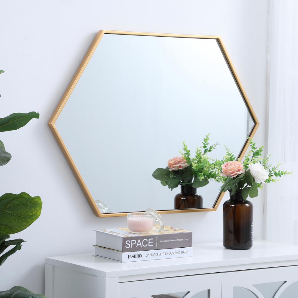 Metal frame hexagon mirror 24 inch in Brass. Picture 7