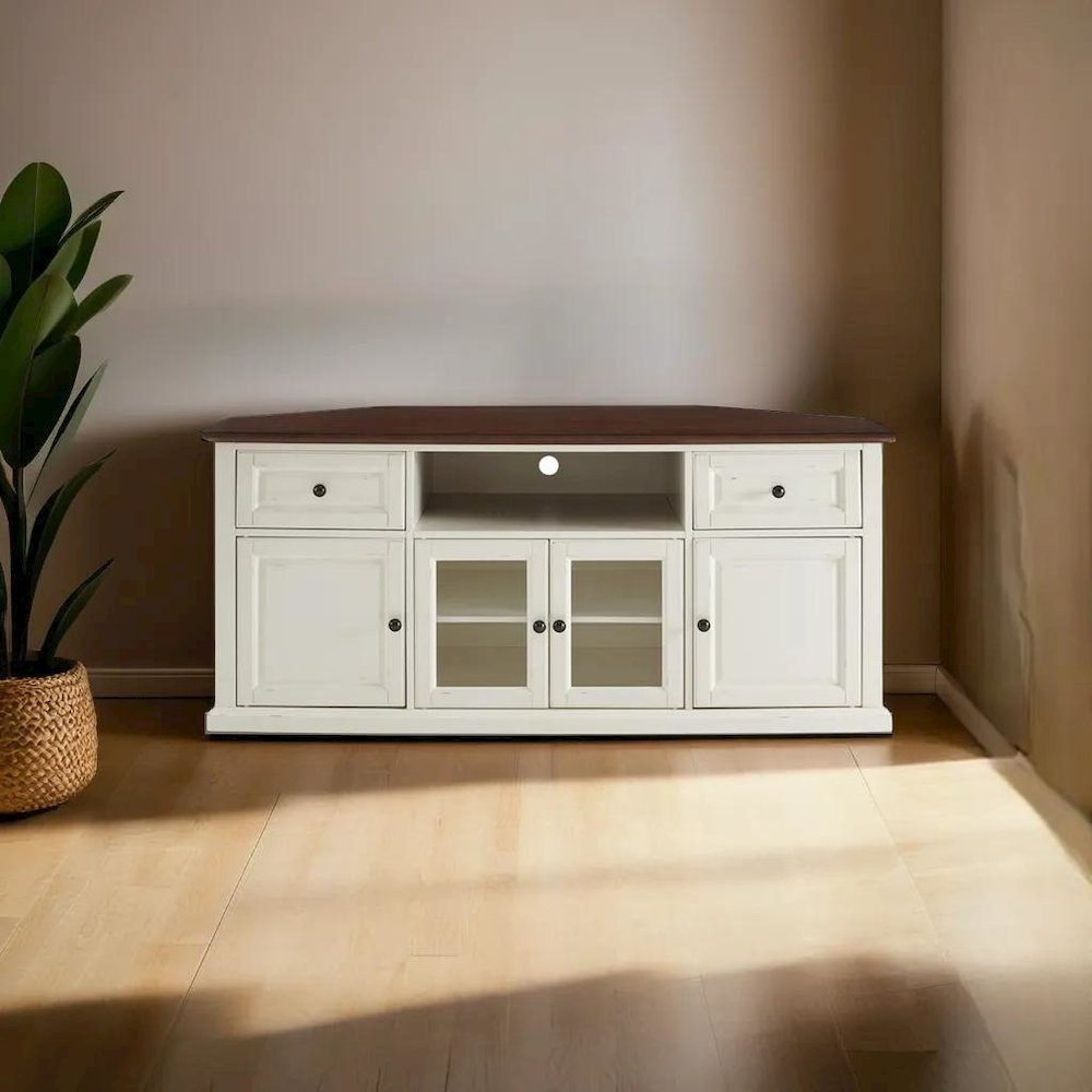 Stylish 60" Corner TV Console Featuring Antique Bronze Hardware and Storage. Picture 5