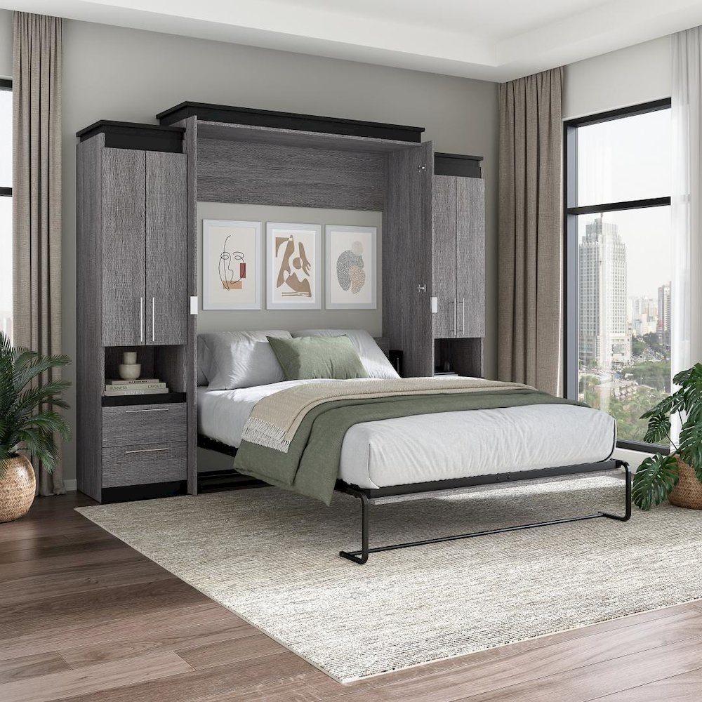 Orion Queen Murphy Bed with Storage Cabinets and Pull-Out Shelves (106W). Picture 15