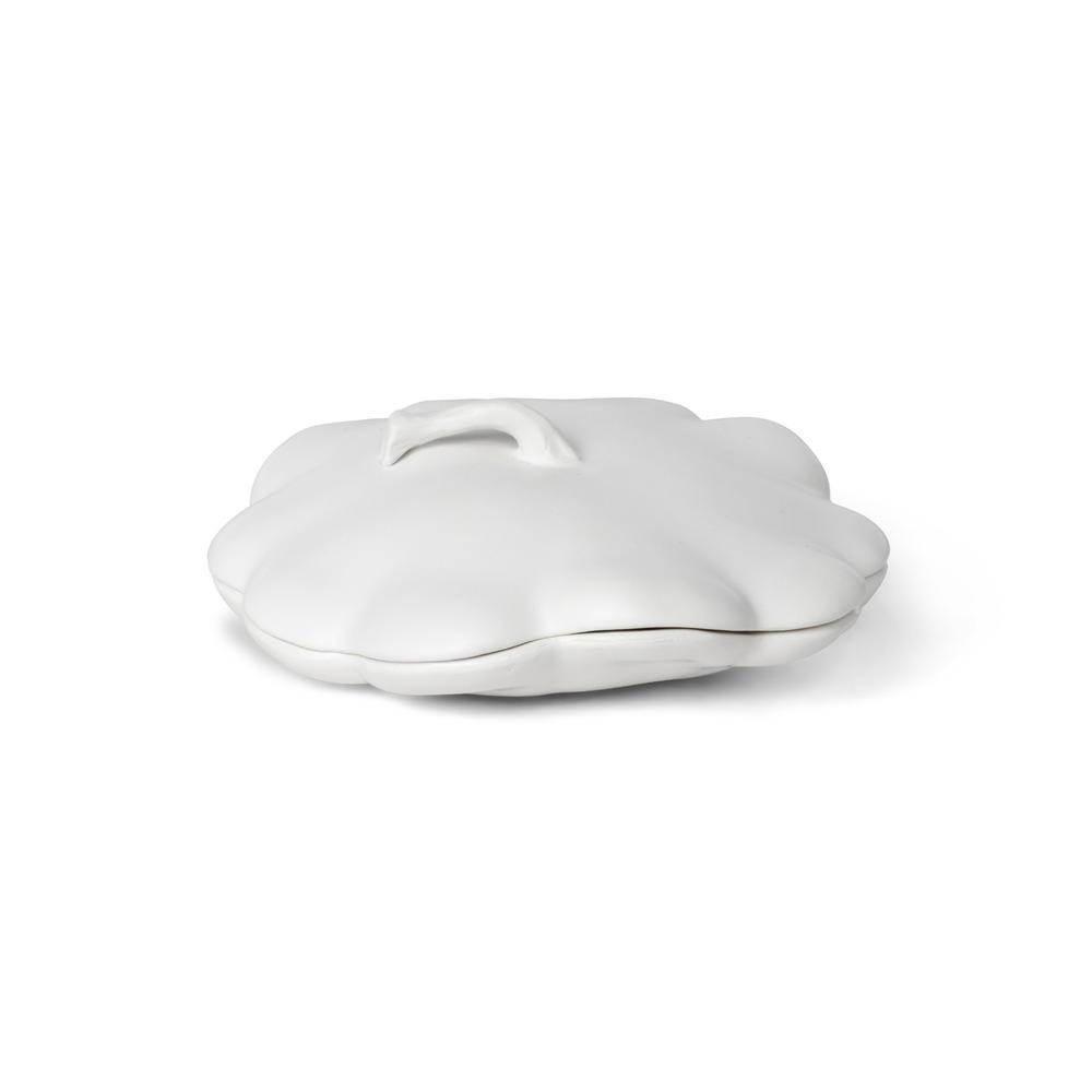 Matte White Lidded Ceramic Pumpkin Bowl, Small. Picture 1