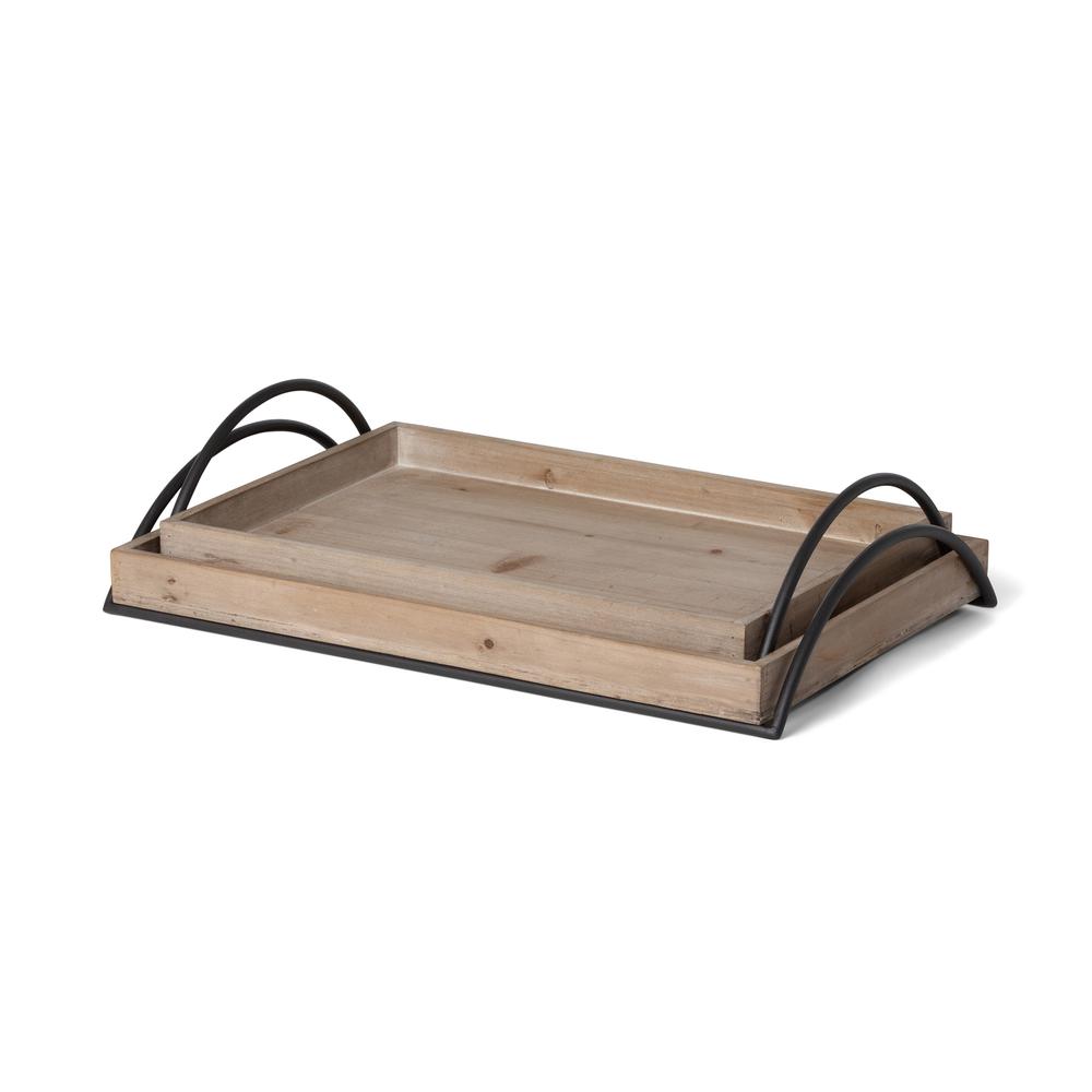 Wood Trays with Iron Handle, Set of 2. Picture 1