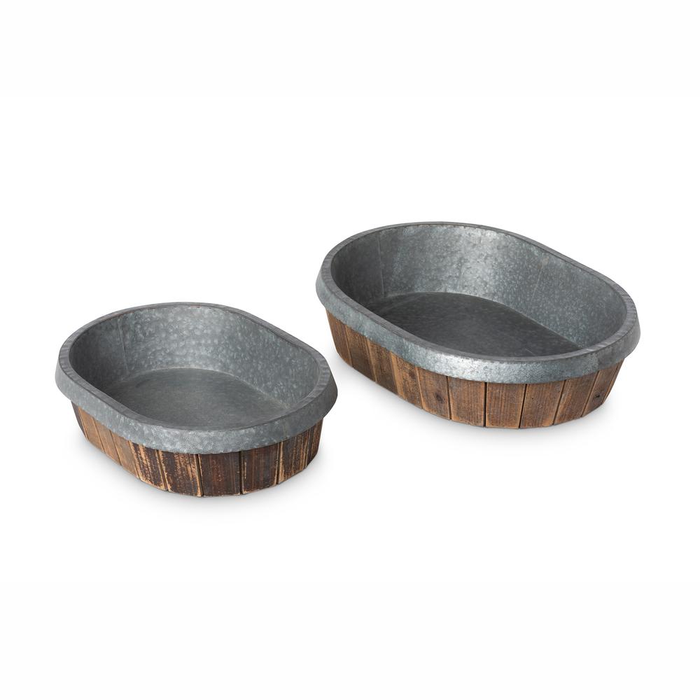 Galvanized Lined Wooden Oval Trays, Set of 2. Picture 1