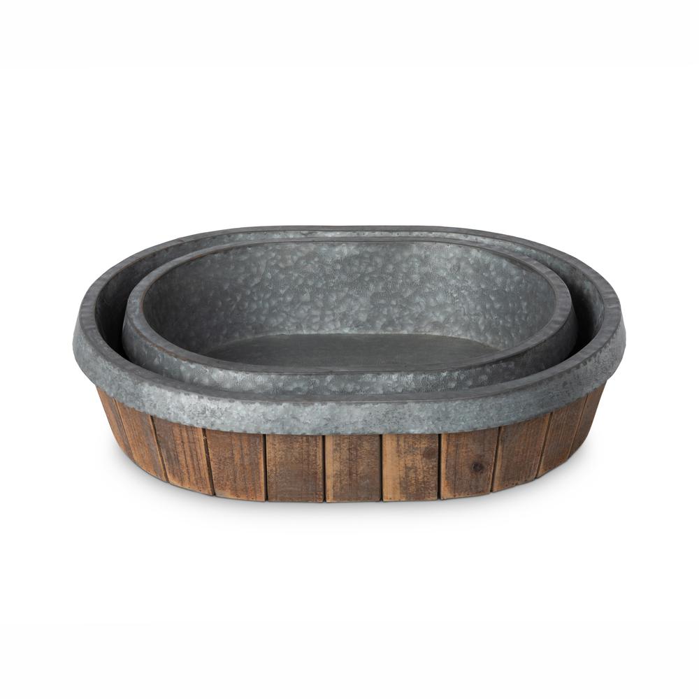 Galvanized Lined Wooden Oval Trays, Set of 2. Picture 7