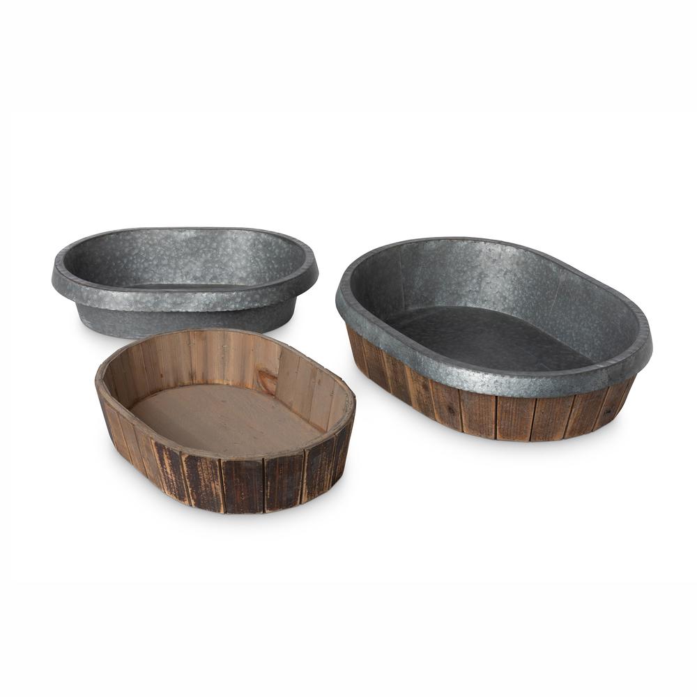 Galvanized Lined Wooden Oval Trays, Set of 2. Picture 8
