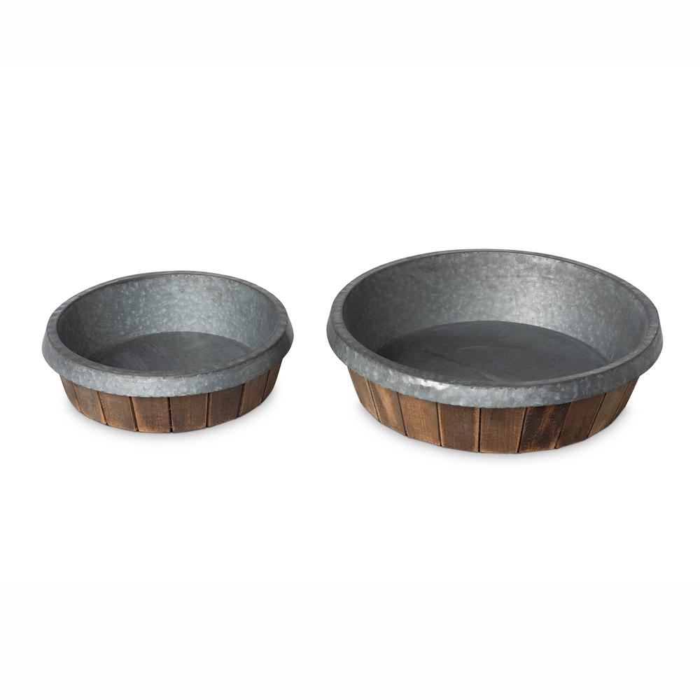 Galvanized Lined Round Wooden Trays, Set of 2. Picture 1