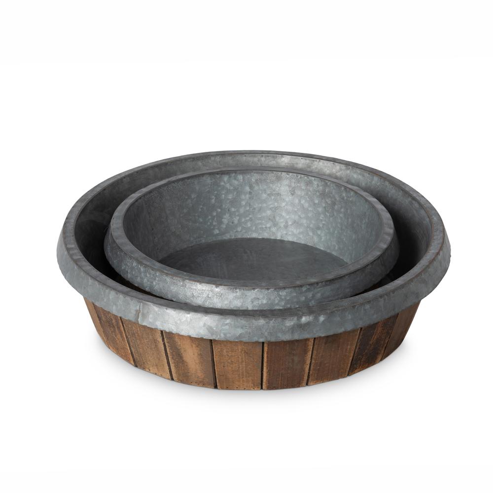 Galvanized Lined Round Wooden Trays, Set of 2. Picture 7