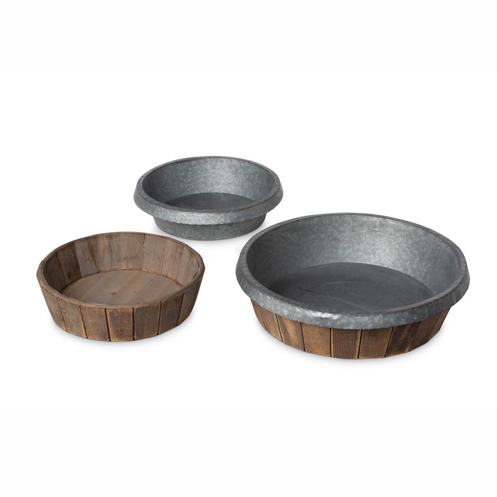 Galvanized Lined Round Wooden Trays, Set of 2. Picture 8