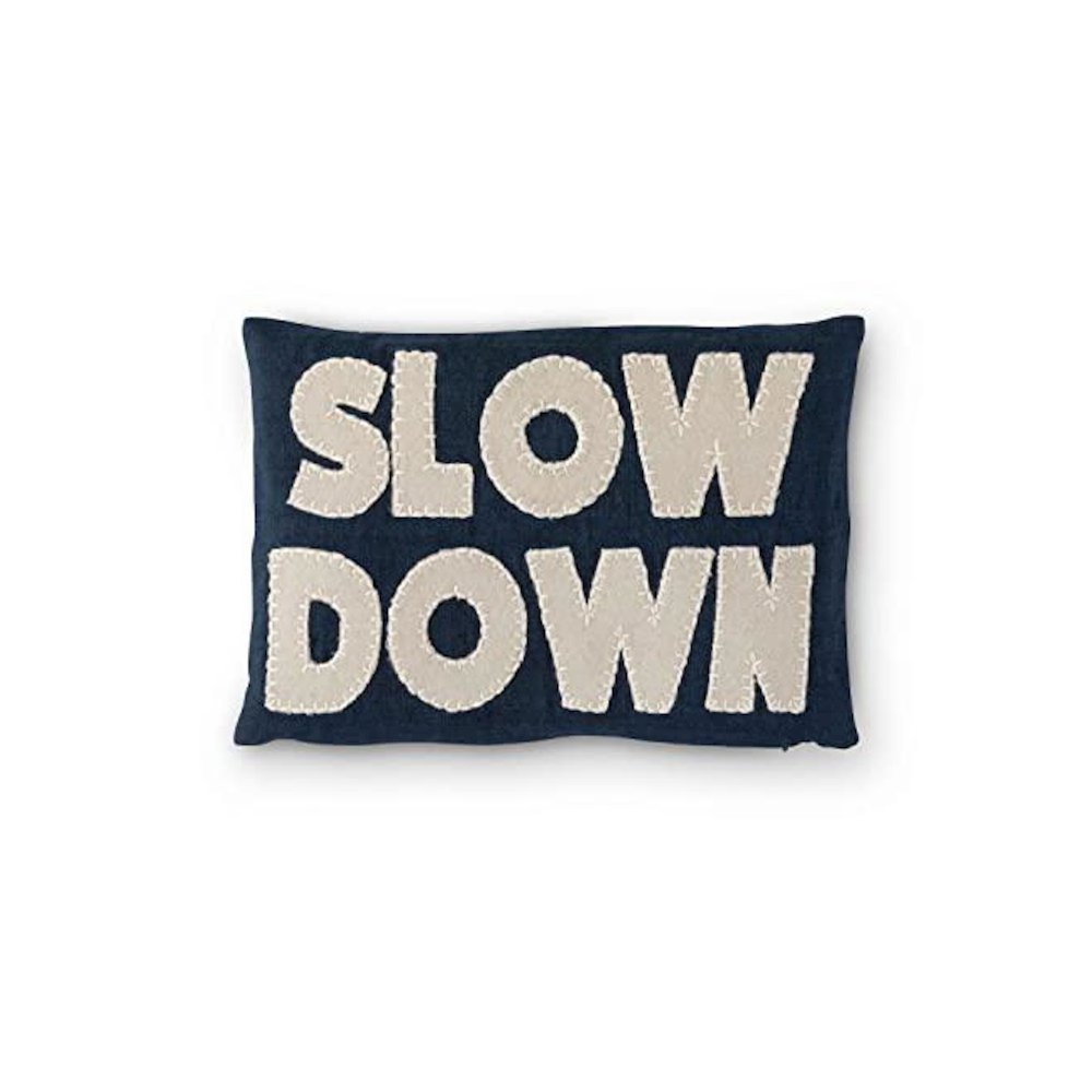 "Slow Down" Appliqued Linen Pillow. Picture 1