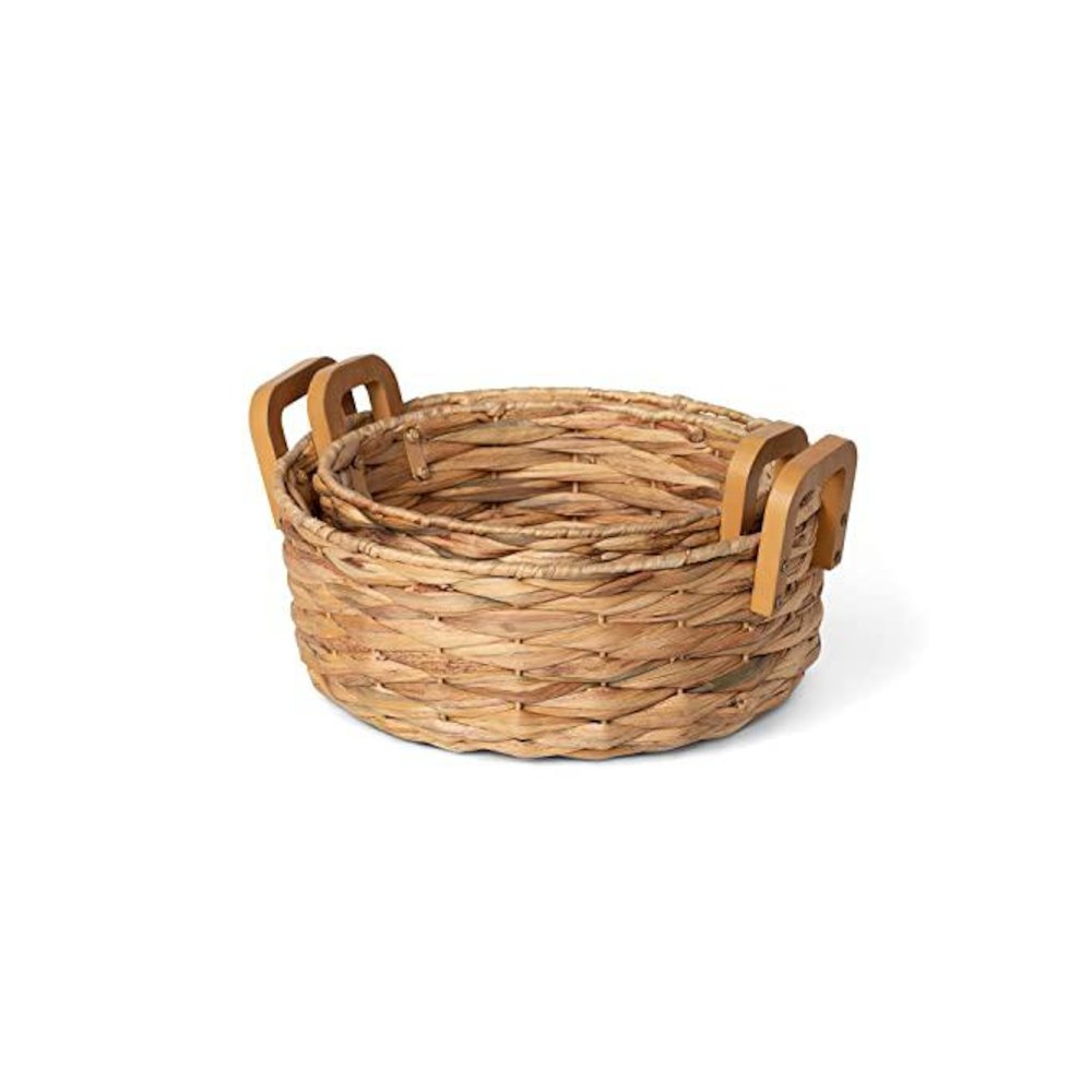 Woven Water Hyacinth Round Serving Basket Set of 2. Picture 1