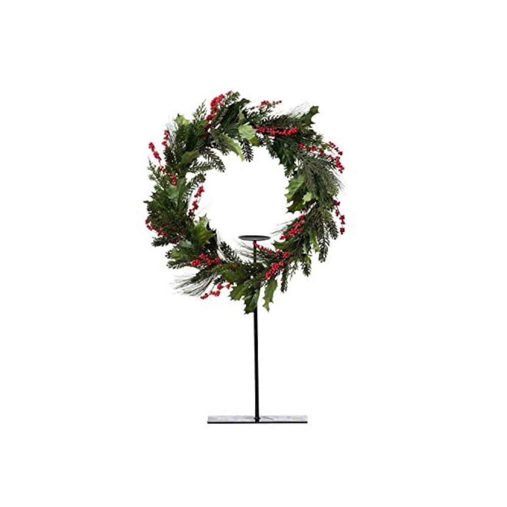Pine and Holly Wreath on Candle Stand, Tall. Picture 1