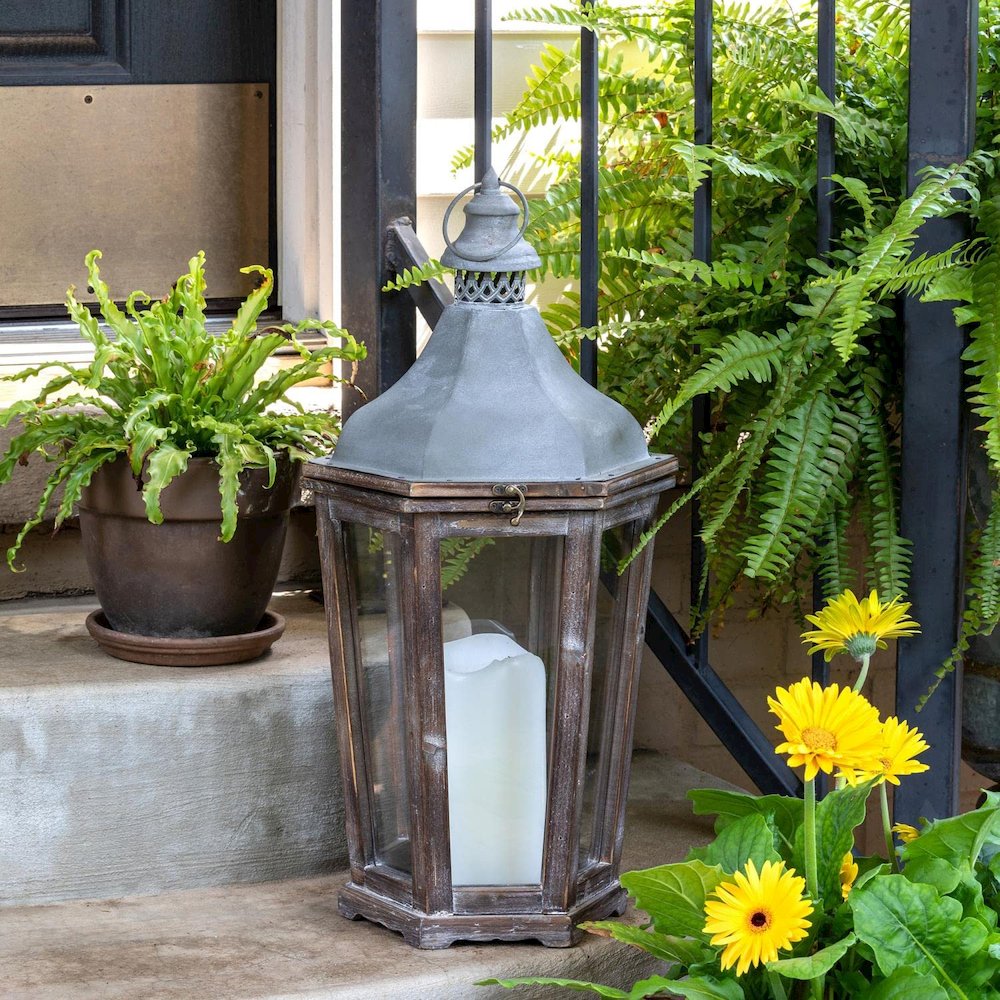 Wood & Galvanized Metal Lantern Medium. Picture 3