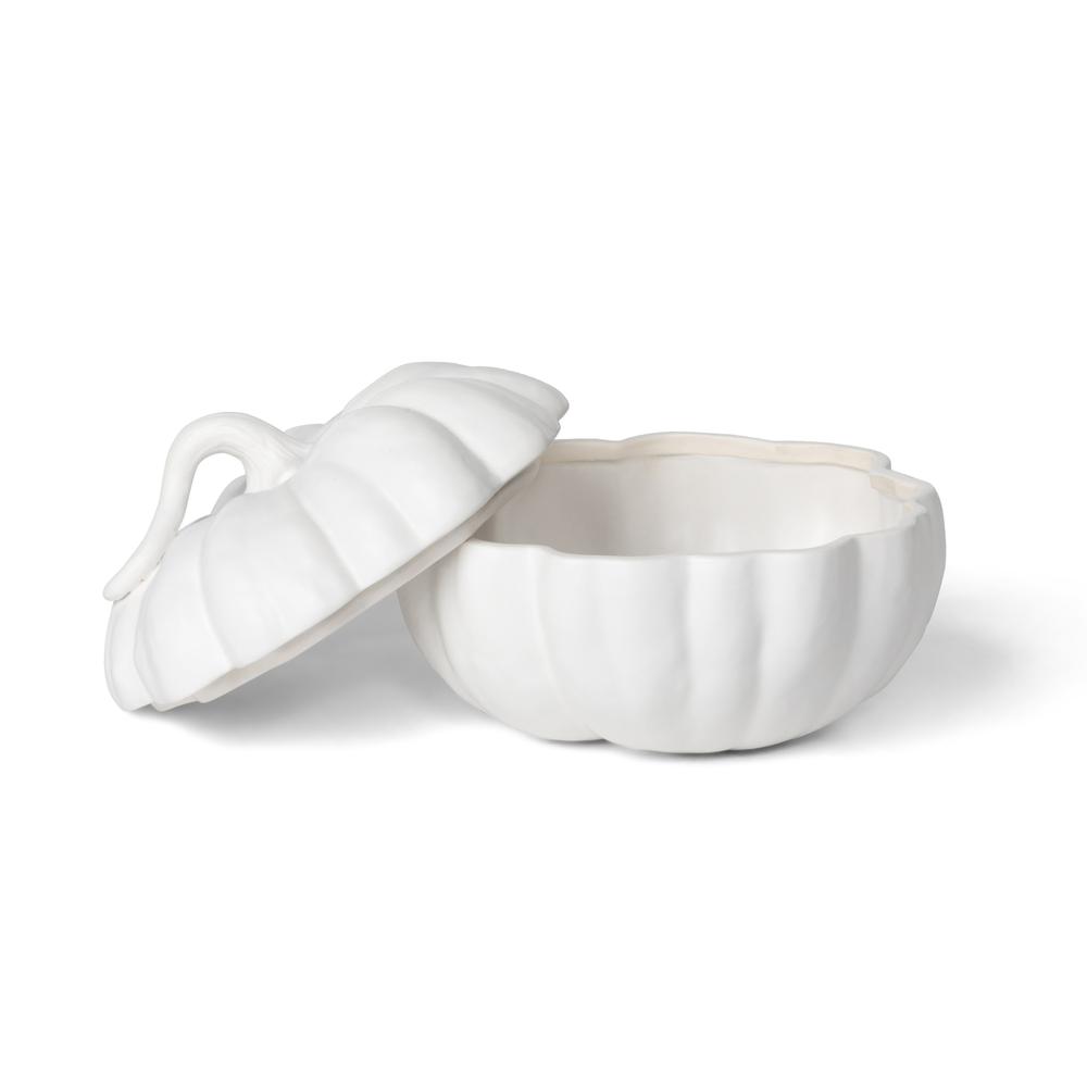 Matte White Lidded Ceramic Pumpkin Bowl, Medium. Picture 3