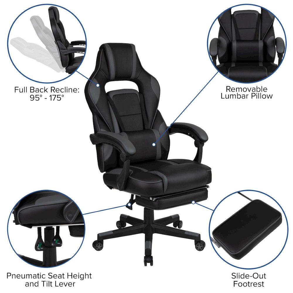 X40 Gaming Chair Racing Ergonomic Computer Chair with Fully Reclining Back/Arms, Slide-Out Footrest, Massaging Lumbar - Black/Gray. Picture 3