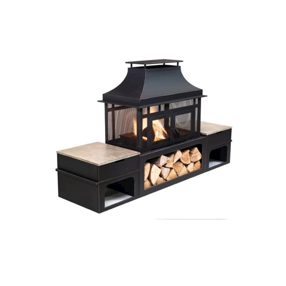 80" Metal Wood Burner Fireplace with Side Storage Tables. Picture 1
