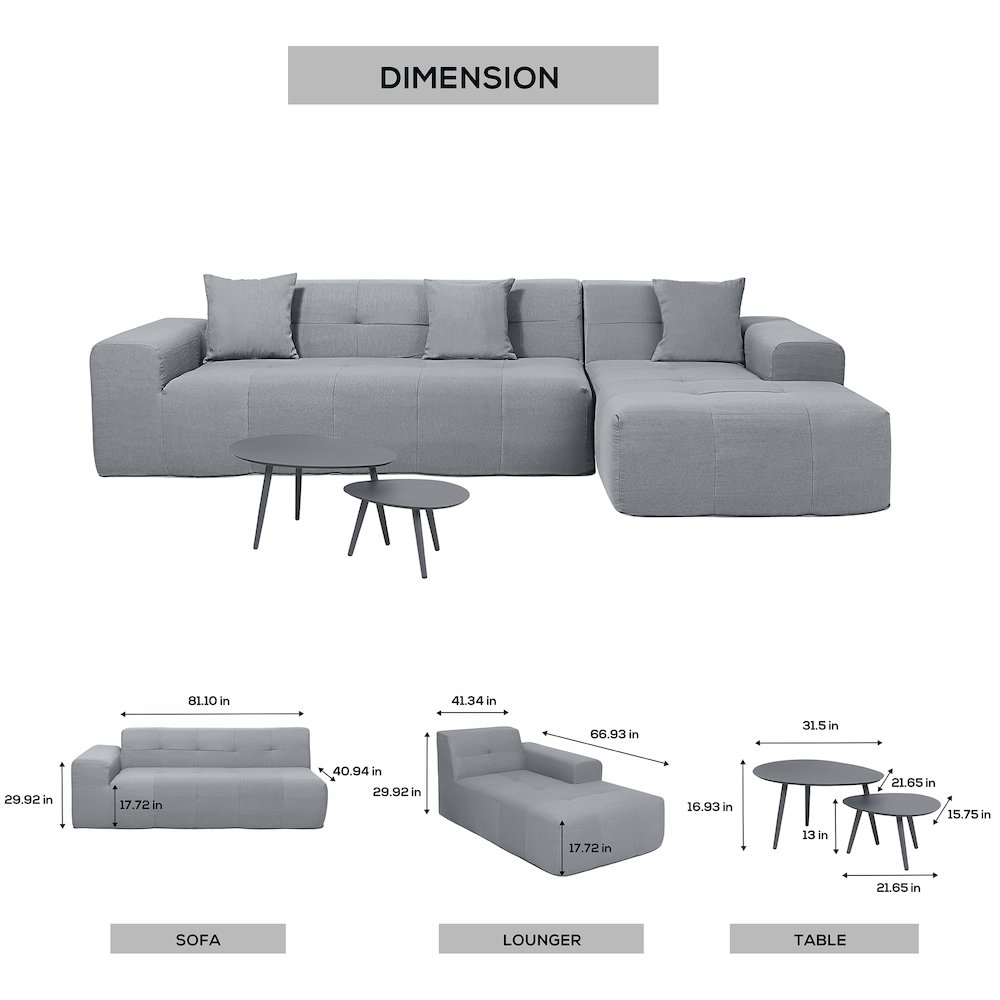 3 Piece Gray Compressed Foam Sectional Sofa Lounger and Table Set. Picture 3