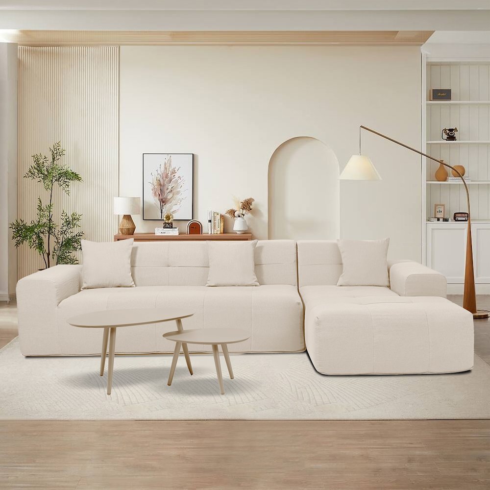 3 Piece Beige Compressed Foam Sectional Sofa Lounger and Table Set. Picture 7